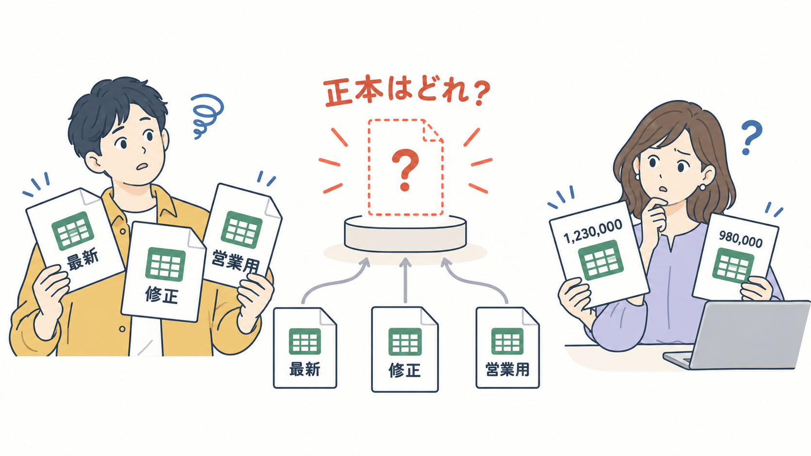 最新・修正・営業用にファイルが枝分かれし、正本が分からなくなった状態