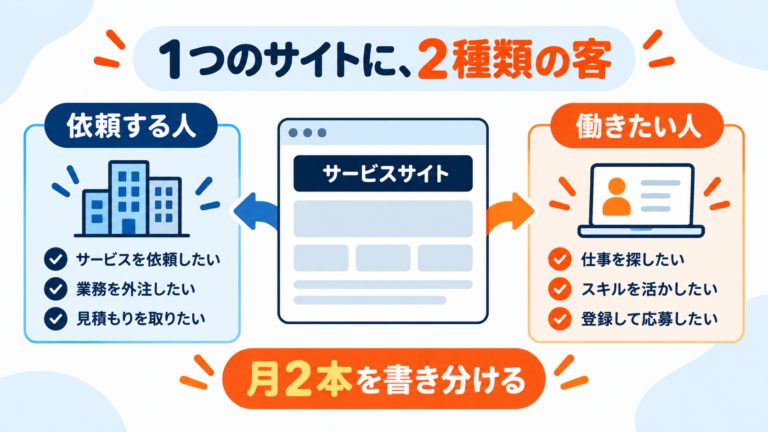 1つのサイトに、まったく違う2種類の客が来ている。人材サービス会社で月2本を「依頼する人」と「働きたい人」に書き分けた運用