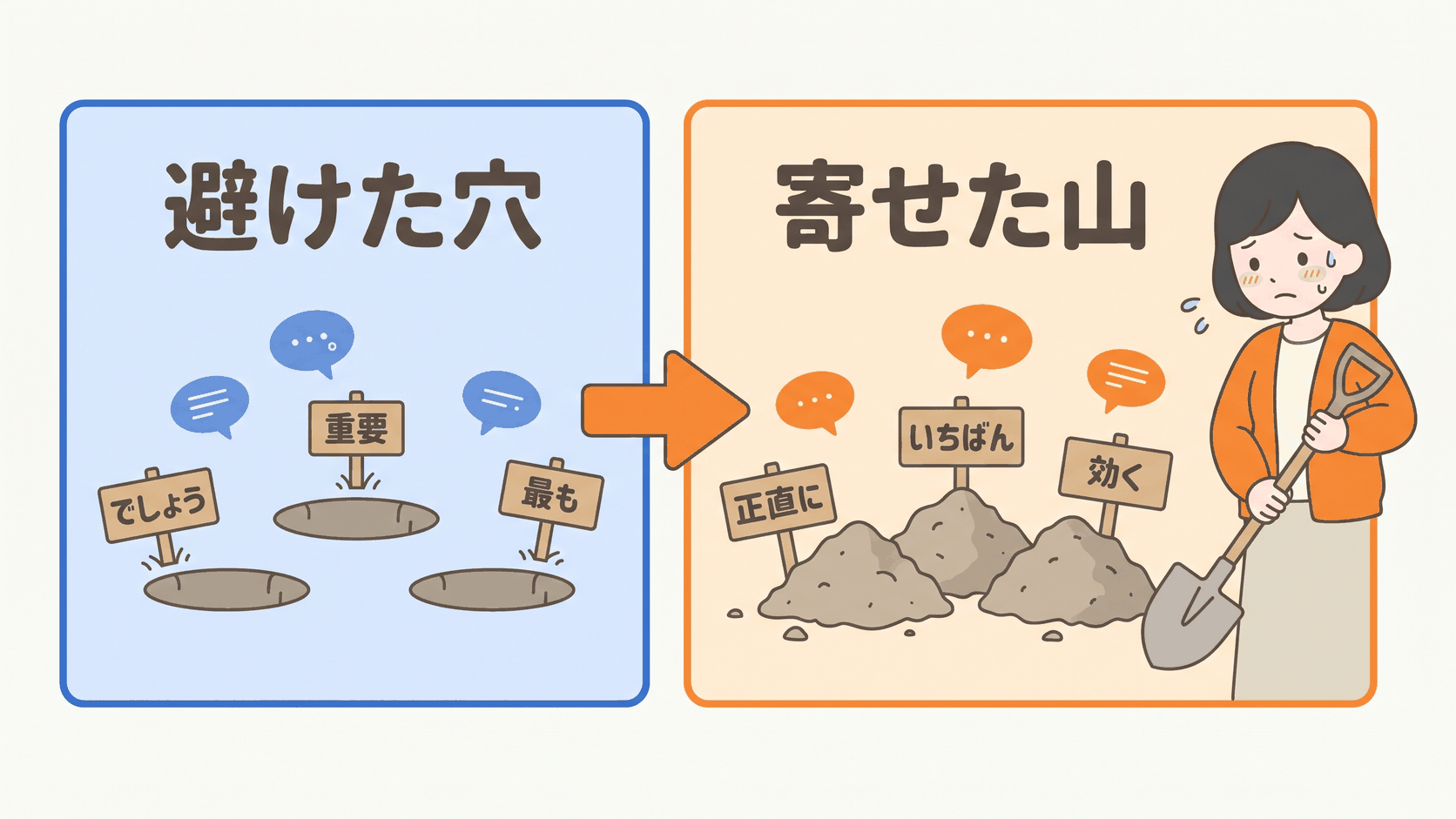 「でしょう」「重要」「最も」を避けた穴を、「正直に」「いちばん」「効く」で埋めた