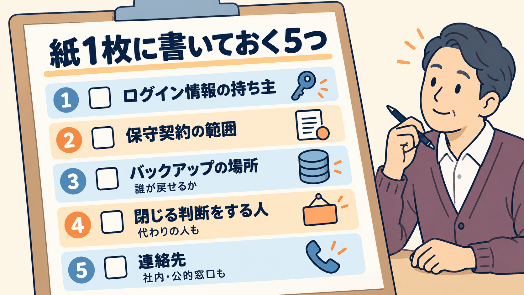 図4: 紙1枚に書いておく5つ。ログイン情報の持ち主、保守契約の範囲、バックアップの場所、閉じる判断をする人、連絡先
